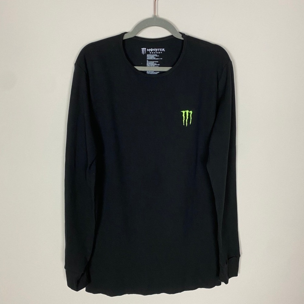 Monster Energy Waffle Knit Thermal Shirt Mens XL Black Long Sleeve Embroidered